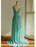 Jeweled Cap Sleeves Turquoise Chiffon Pleated Bridesmaid Dress